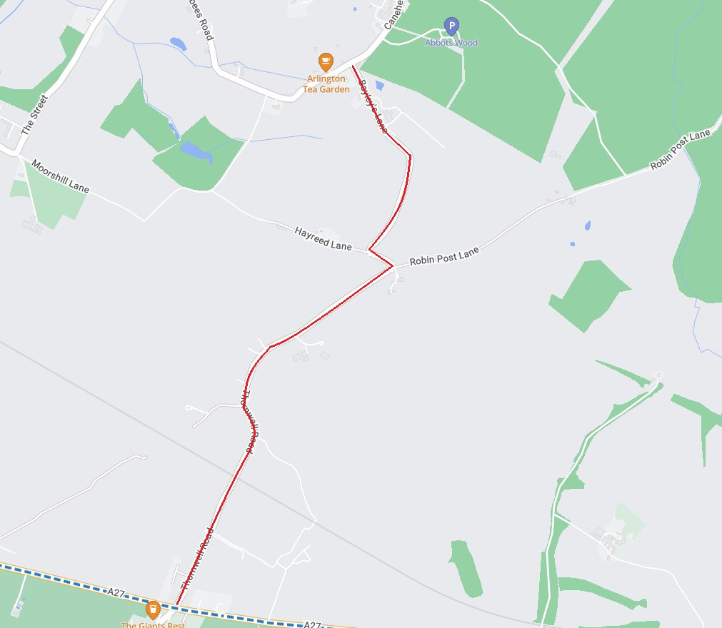 Map showing the extent of the works area as a red line from the A27 to Caneheath