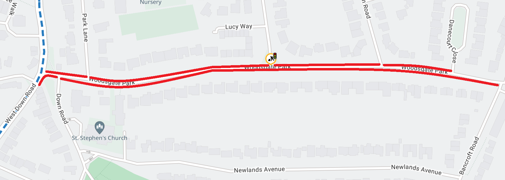 A map showing the footway resurfacing extent in Woodsgate Park, Bexhill