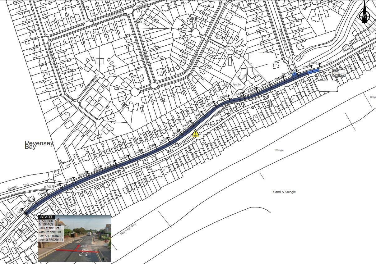 A map showing the extent of upcoming road marking works on Coast Road, Pevensey Bay