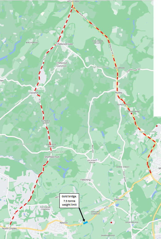 Map showing diversion route for vehicles over 7.5 tonne