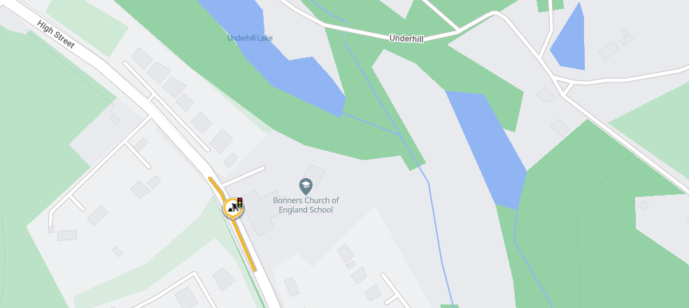Map showing location of works as a yellow line outside Bonners Church of England school